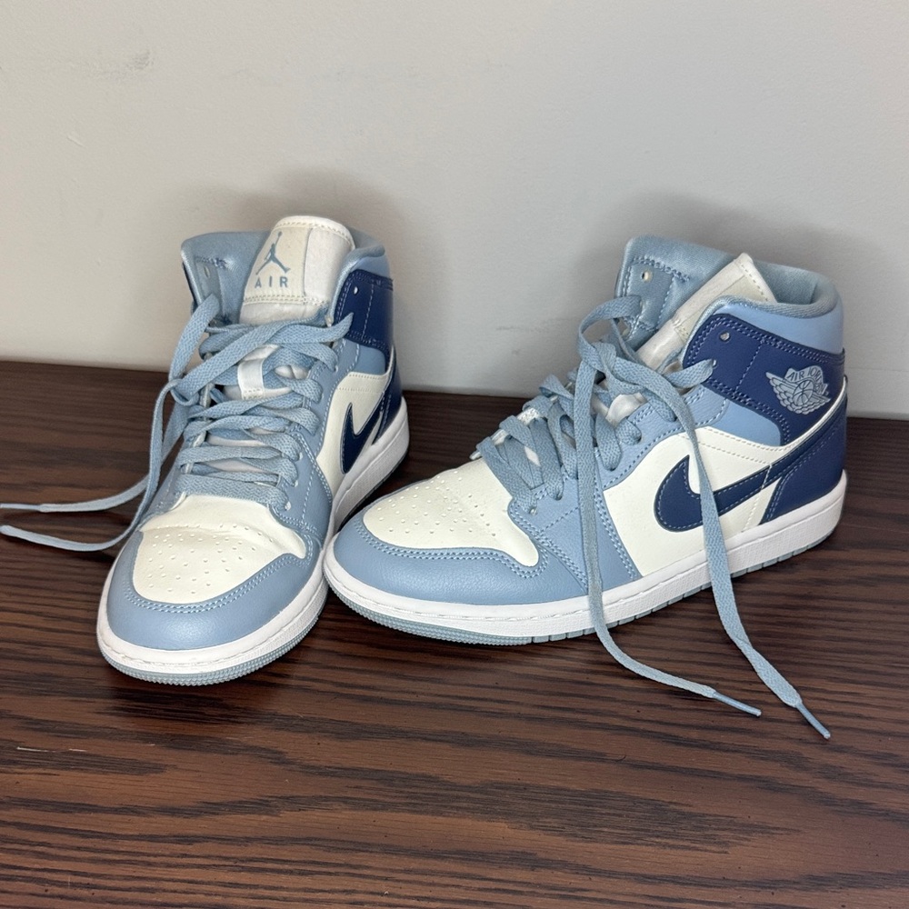 Nike Air Jordan 1 Mid White, Light Blue & Navy Sneakers